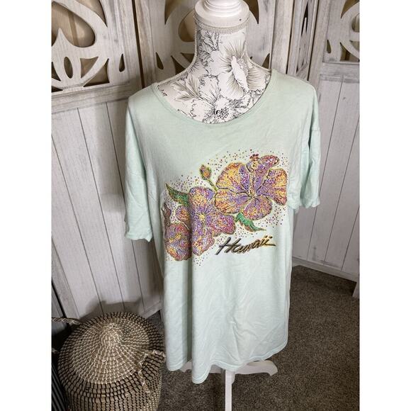 Vintage 90's Hawaii Floral Flowers One Size T Shirt Light Green Vtg Happy Shirts - Picture 1 of 8